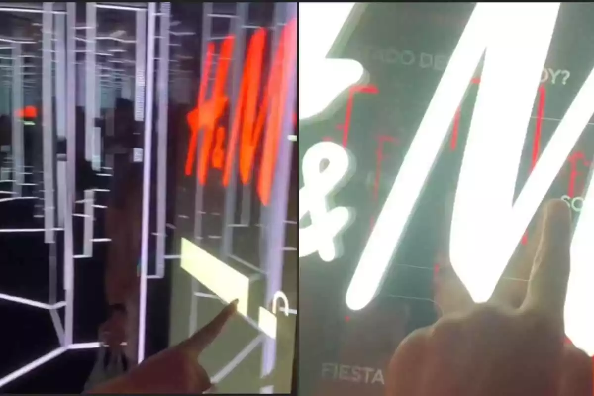 Imágenes de un vídeo de TikTok en el que aparece un dedo de mujer presionando una pantalla dentro de un probador de H&M lleno de luces Imágenes de un vídeo de TikTok en el que aparece un dedo de mujer presionando una pantalla dentro de un probador de H&M lleno de luces
