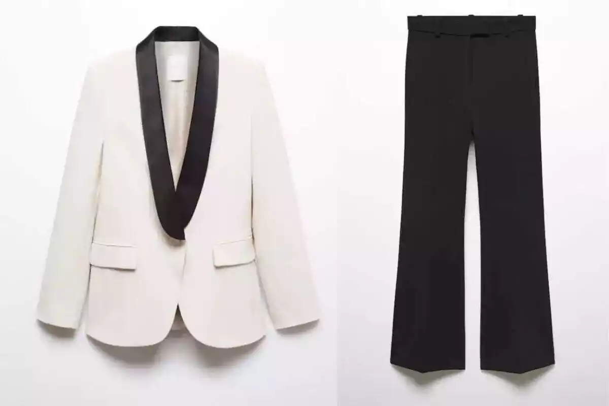 Foto dividida con blazer blanco y de solapa negra y a la derecha pantalón negro acampanado de Mango Foto dividida con blazer blanco y de solapa negra y a la derecha pantalón negro acampanado de Mango