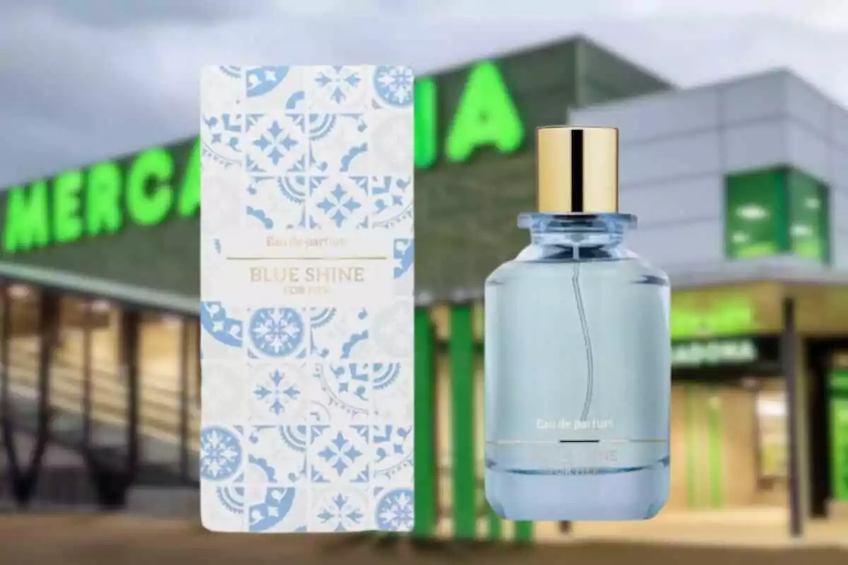 perfume Blue Shine de mercadona y de fondo la tienda de mercadona perfume Blue Shine de mercadona y de fondo la tienda de mercadona