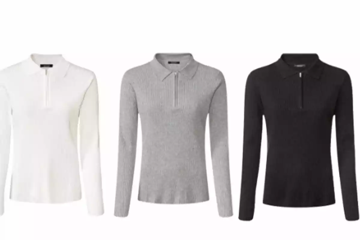 Tres camisetas de manga larga para mujer, blanca, gris y negra Tres camisetas de manga larga para mujer, blanca, gris y negra