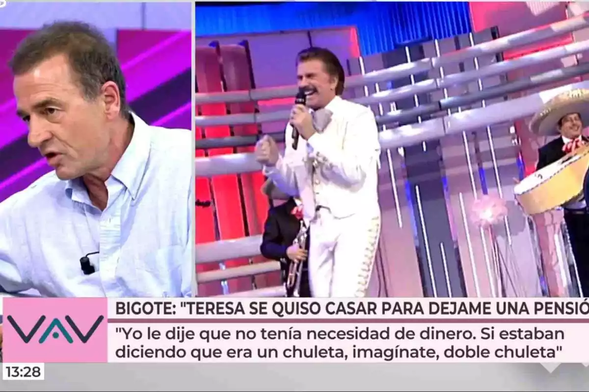 Pantalla compartida entre Alessandro Lequio hablando (izquierda) y Edmundo Arrocet cantando en el plató (derecha). Lequio está hablando en el programa 'Vamos a ver' de Telecinco