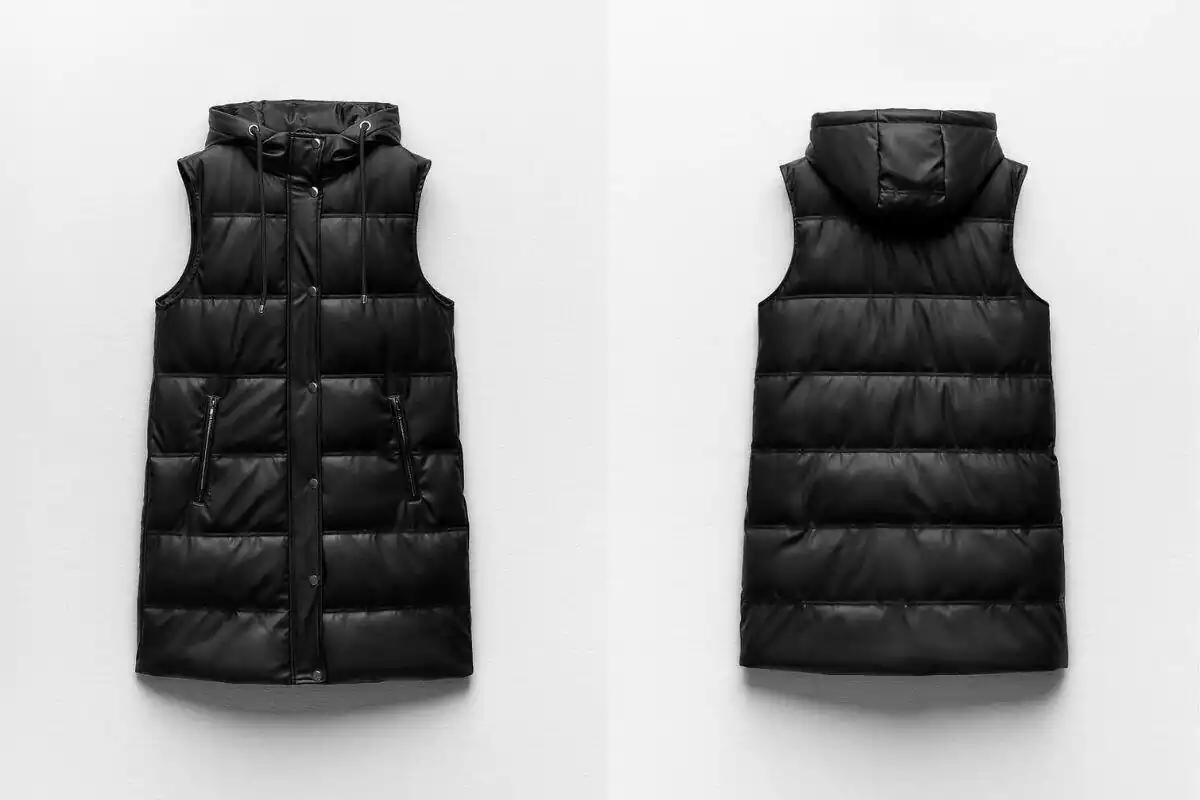 Foto de chaleco acolchado negro de Zara. A la izquierda la parte delantera a la derecha la parte trasera