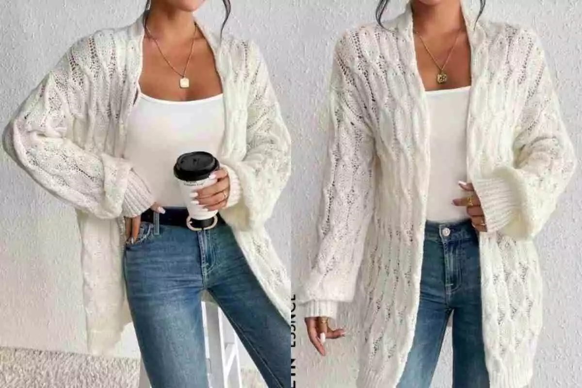 Mujer con una chaqueta blanca larga, de punto, con unos vaqueros y un café en la mano Mujer con una chaqueta blanca larga, de punto, con unos vaqueros y un café en la mano