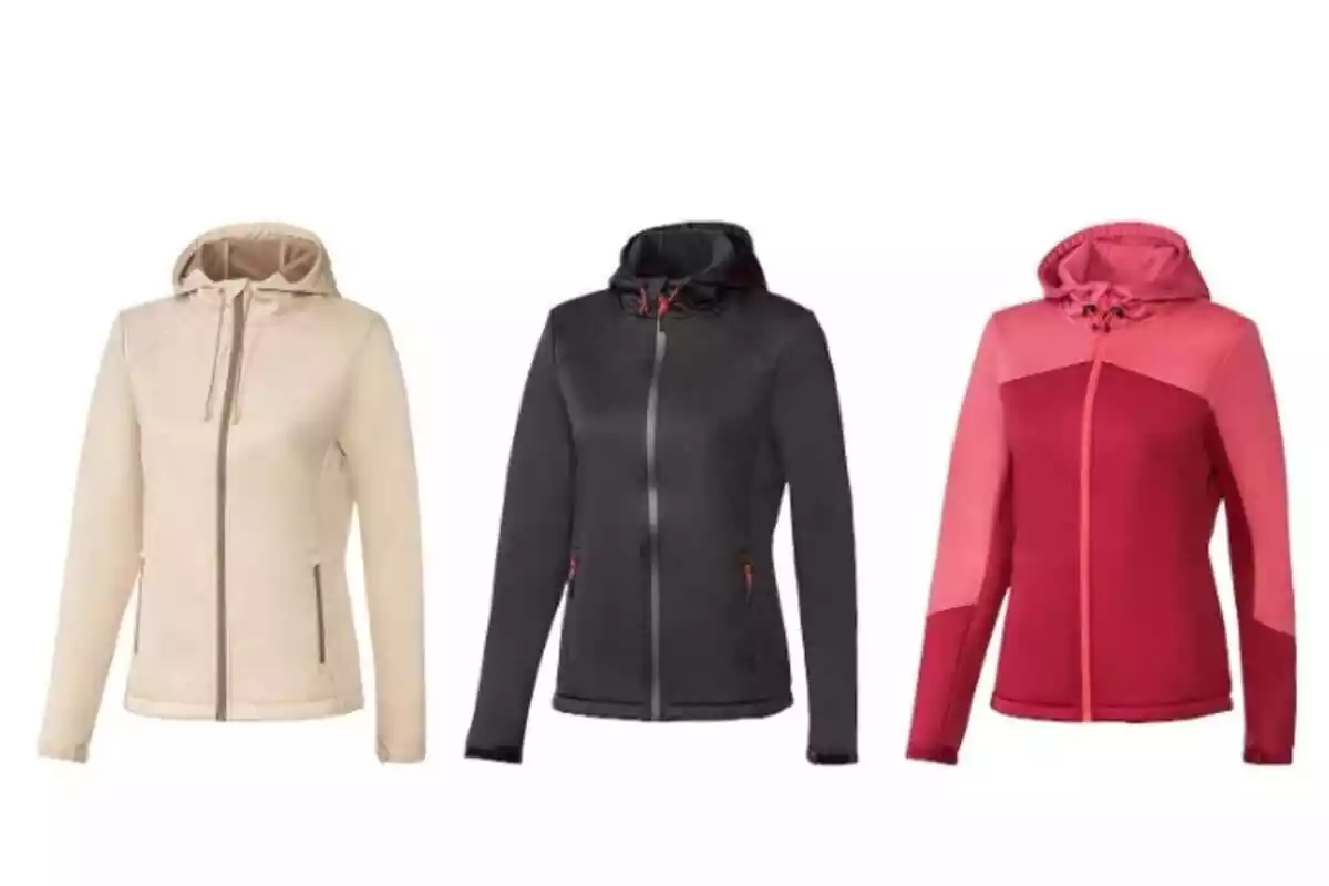 Imagen de tres modelos de chaquetas softshell de Lidl en blanco, negro y rojo Imagen de tres modelos de chaquetas softshell de Lidl en blanco, negro y rojo