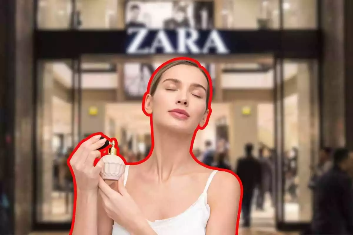 Mujer echándose perfume de fondo una tienda de zara