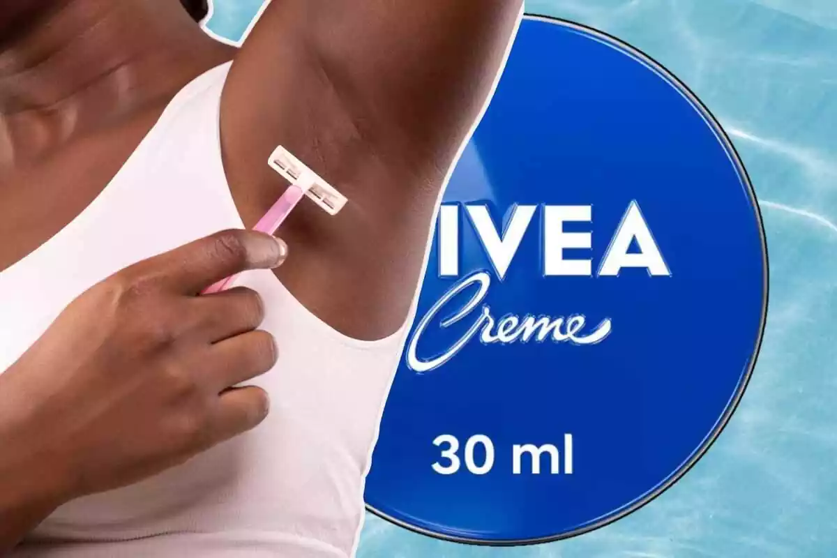 mujer depilándose las axilas y de fondo la crema nivea