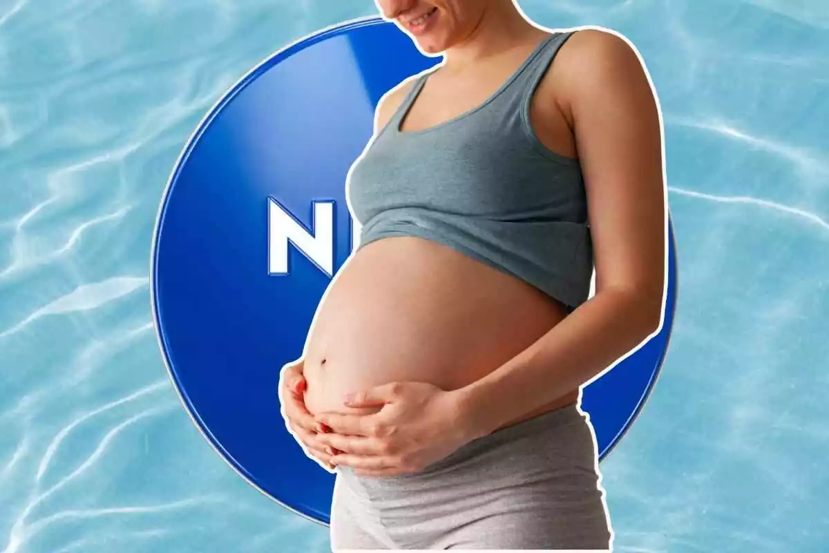 embarazada con la crema nivea de fondo