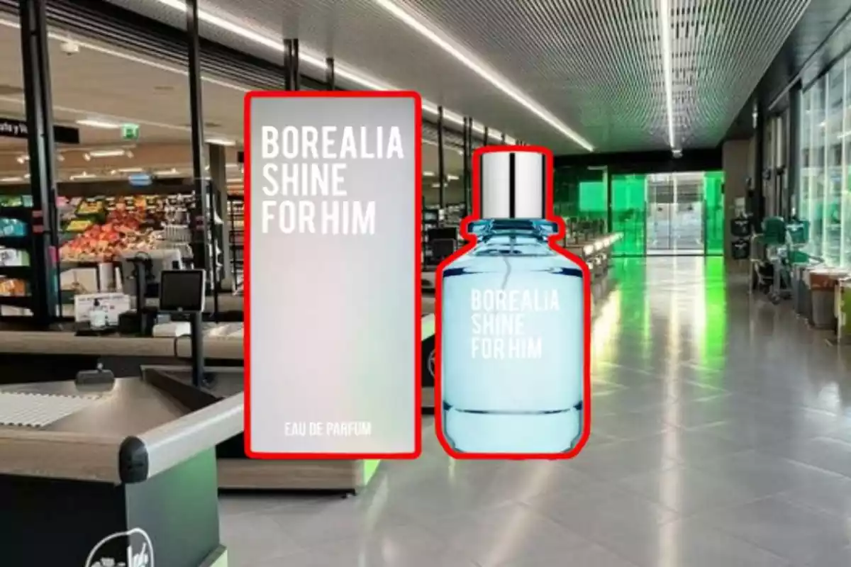 Fotomontaje de cajas de Mercadona y delante foto del perfume masculino Borealia Shine con la caja y la botella con contorno rojo Fotomontaje de cajas de Mercadona y delante foto del perfume masculino Borealia Shine con la caja y la botella con contorno rojo