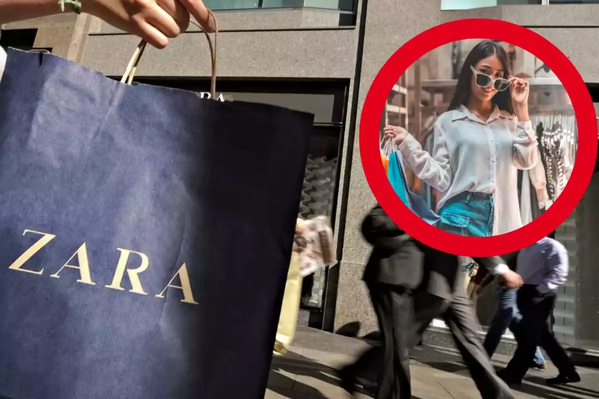 Foto de una bolsa zara en la calle y un círculo rojo en el que se muestra a una joven de compras con gafas