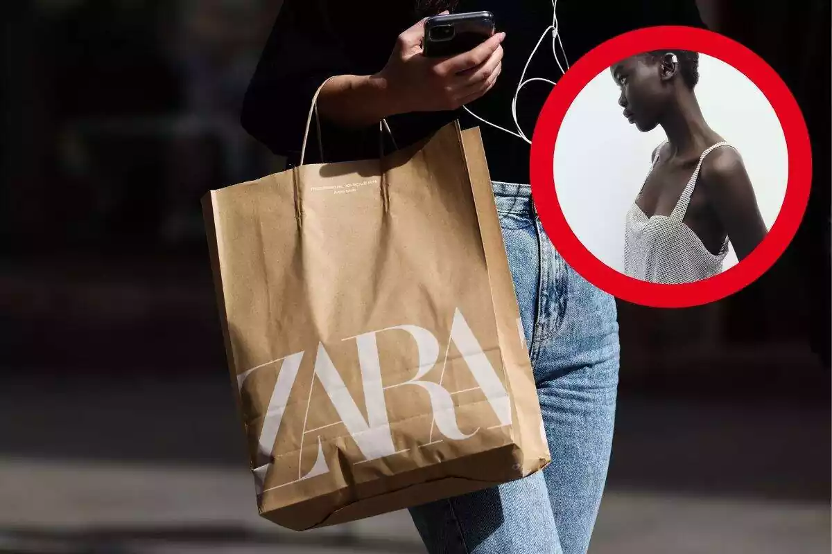 Foto mujer de la que se ve piernas con tejanos que lleva bolsa Zara con círculo rojo y foto de modelo de Zara dentro