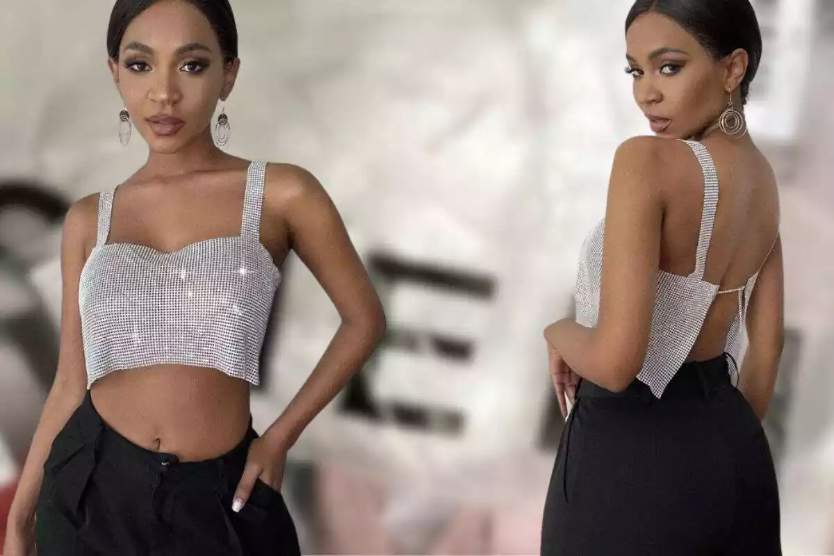 Foto de bolsas Shein desenfocadas y delante foto de modelo de Zara con top brillantes de frente y de lado Foto de bolsas Shein desenfocadas y delante foto de modelo de Zara con top brillantes de frente y de lado