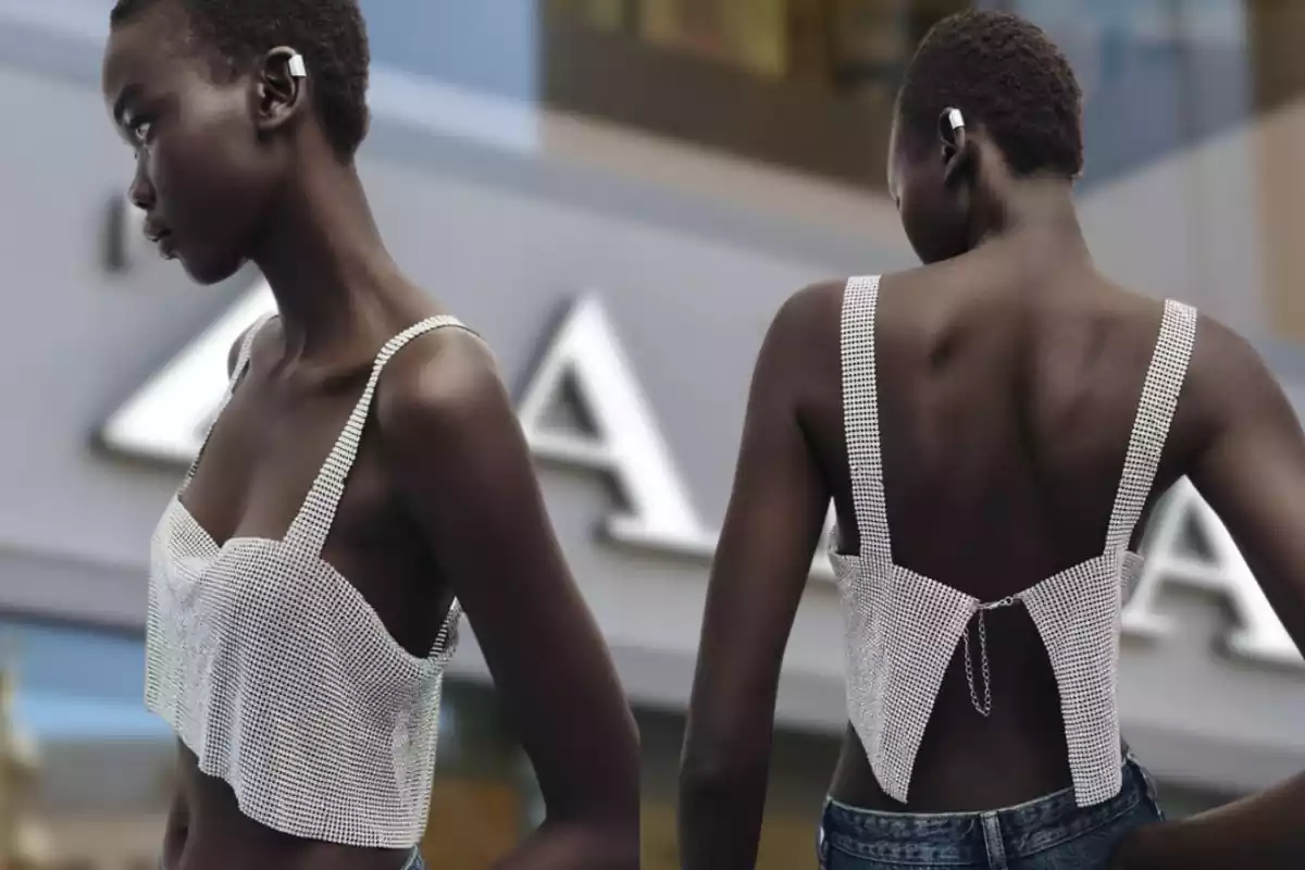 Foto de fachada Zara de fondo y desenfocada y fotos delanteras de modelo de Zara de lado y de espaldas con topo de brillos Foto de fachada Zara de fondo y desenfocada y fotos delanteras de modelo de Zara de lado y de espaldas con topo de brillos