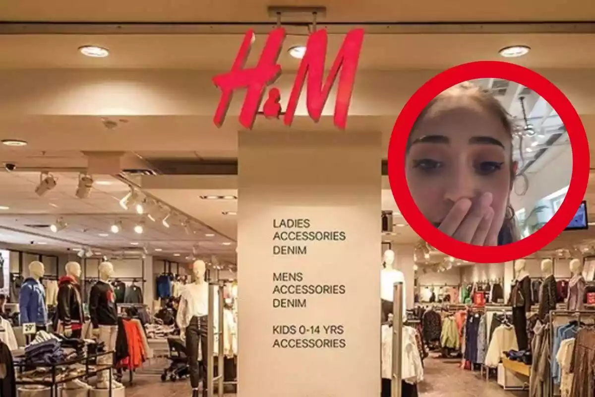 Tienda de H&M con cartel en el centro y maniquís y ropa a los lados y foto de una joven que se tapa la boca dentro de un círculo rojo
