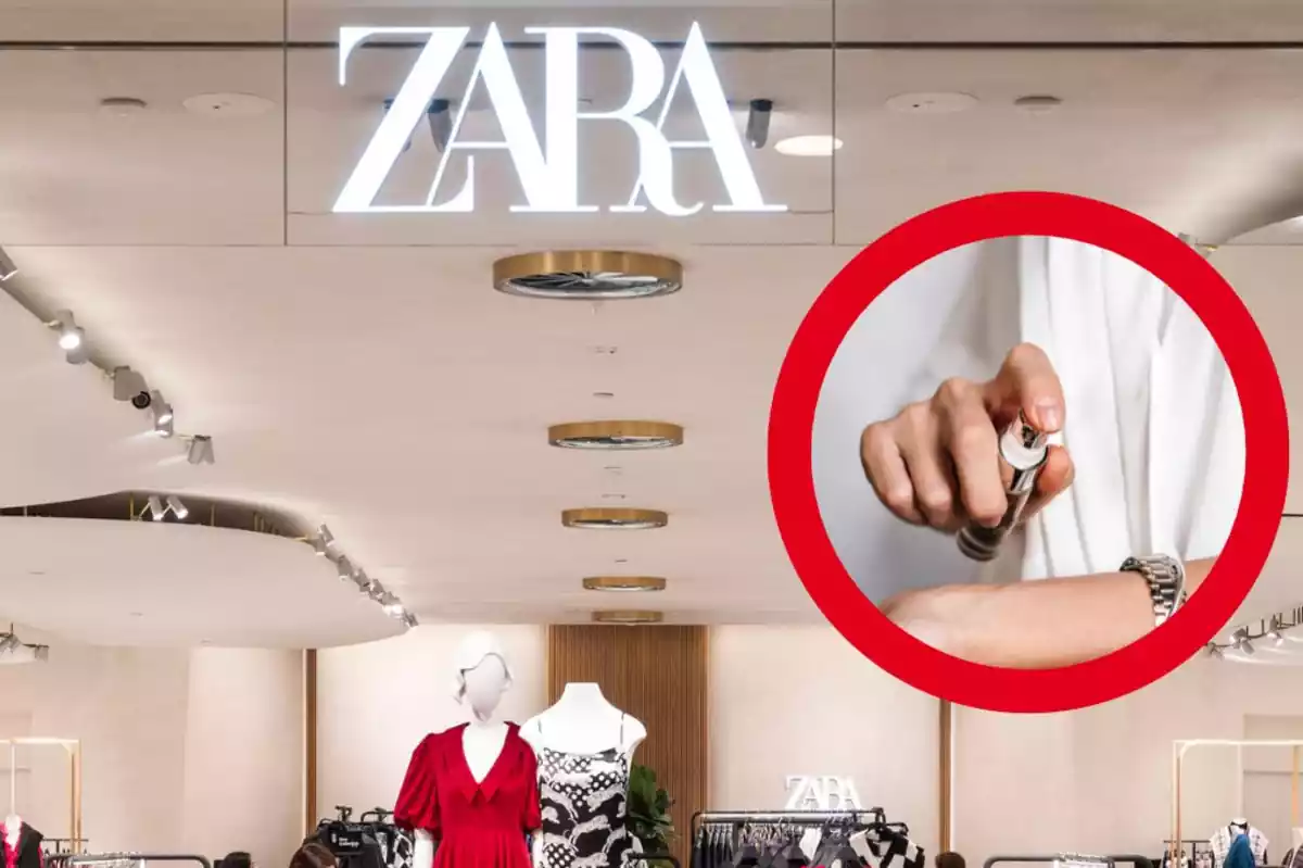Foto tienda Zara con un círculo rojo y mujer perfumándose