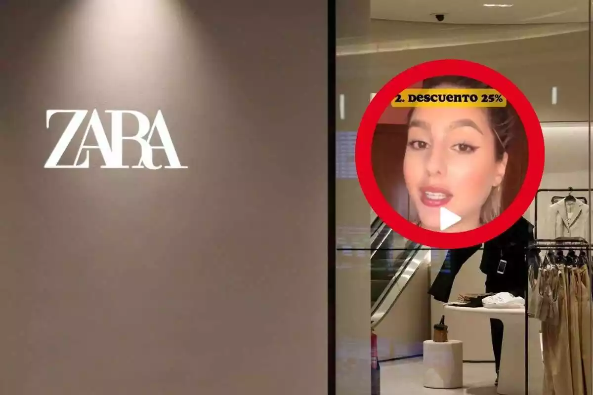 Foto tienda Zara con logo izquierda y ropa derecha. Circulo con imagen ex empleada