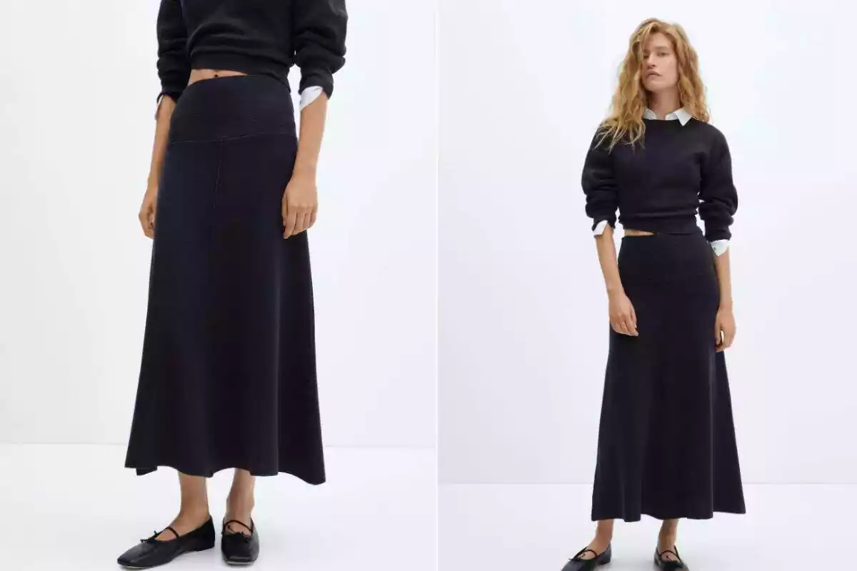 Foto partida de la falda viral de Mango negra y de punto. A la izquierda la falda y a la derecha la modelo al completo Foto partida de la falda viral de Mango negra y de punto. A la izquierda la falda y a la derecha la modelo al completo