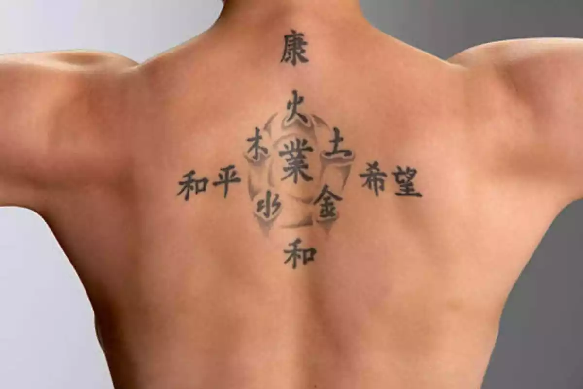 Foto de una espalda masculina con brazos abiertos y el diseño de un tatuaje grande de letras chinas Foto de una espalda masculina con brazos abiertos y el diseño de un tatuaje grande de letras chinas