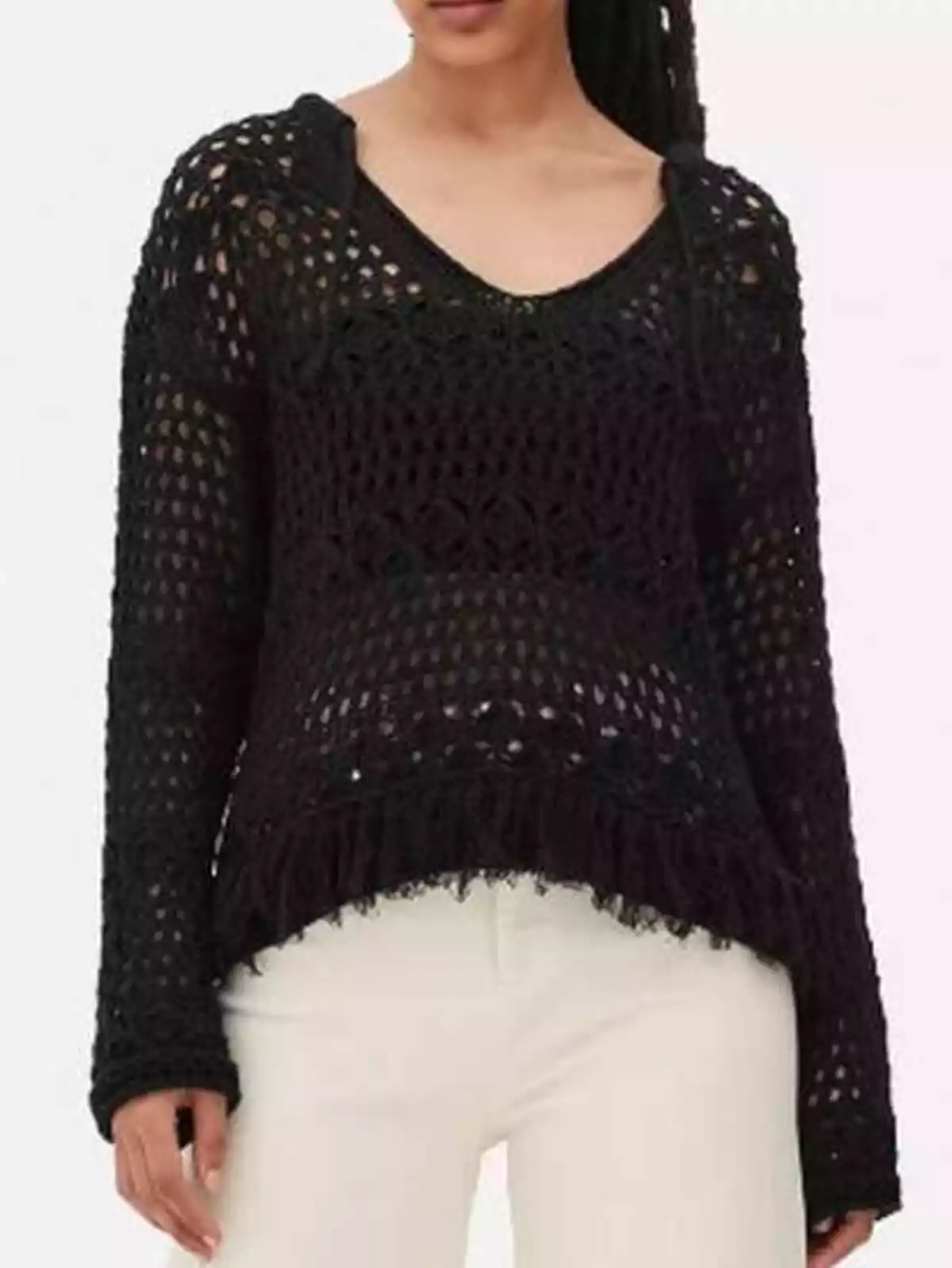 Jersey de punto fino negro con flecos Jersey de punto fino negro con flecos