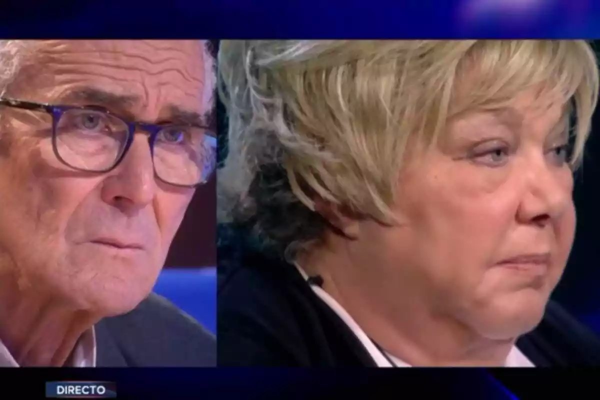 Pantalla partida del actor Carlos Manuel Díaz con cara triste y gafas (izquierda) y de la cantante Karina con cara triste (derecha) en el debate de 'Gran Hermano VIP 8' del domingo 8 de octubre de 2023