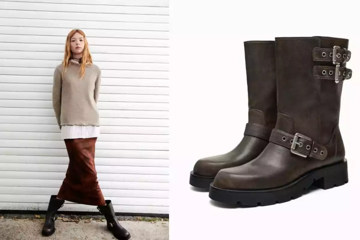 Foto partida a la izquierda muestra modelo de Zara con falda larga, dos jerséis y botas biker a la derecha botas biker efecto envejecido Foto partida a la izquierda muestra modelo de Zara con falda larga, dos jerséis y botas biker a la derecha botas biker efecto envejecido