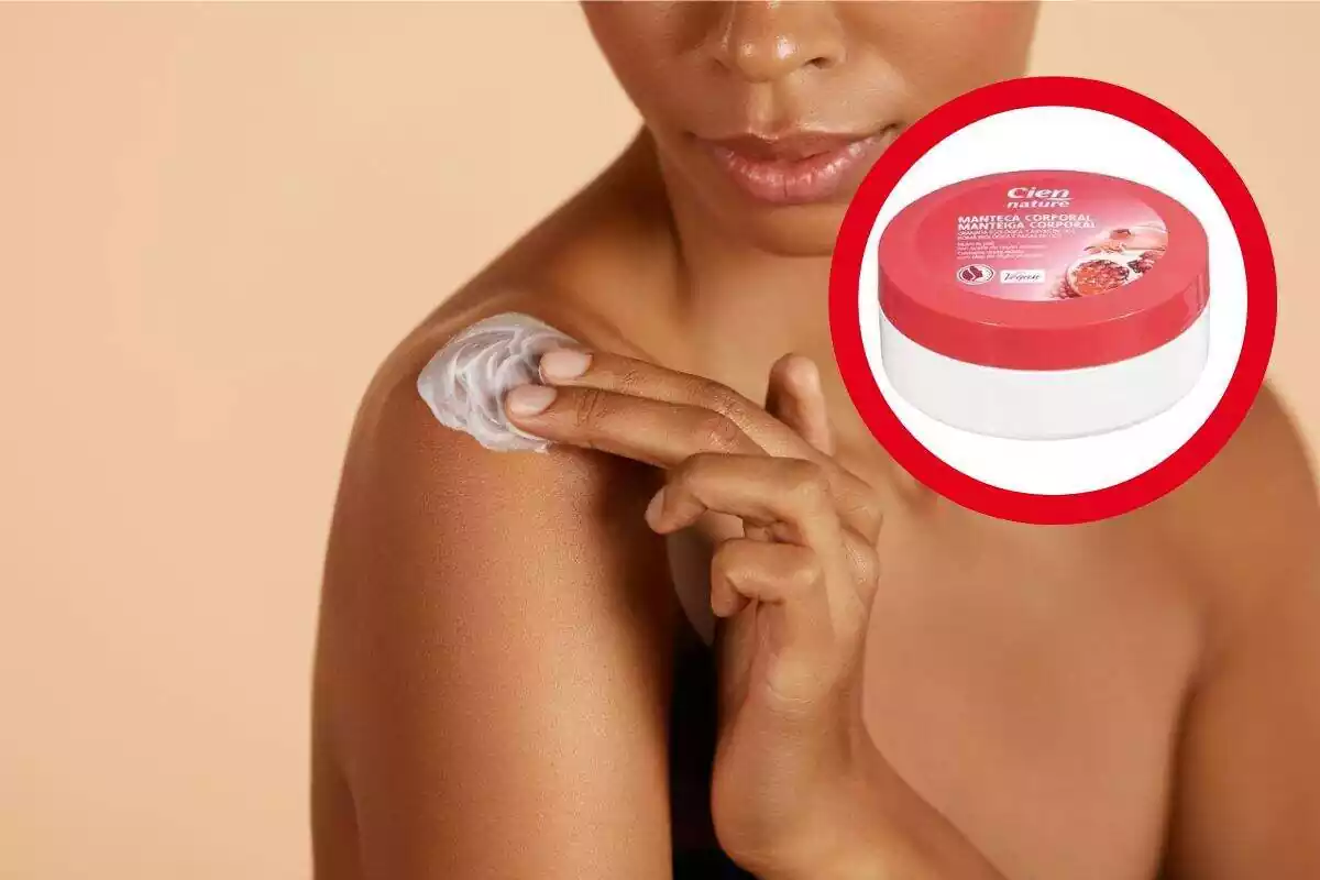 Foto medio cuerpo mujer que se aplica crema en el hombro con dos dedos y a la derecha círculo rojo con foto en el interior de una crema Cien de Lidl Foto medio cuerpo mujer que se aplica crema en el hombro con dos dedos y a la derecha círculo rojo con foto en el interior de una crema Cien de Lidl