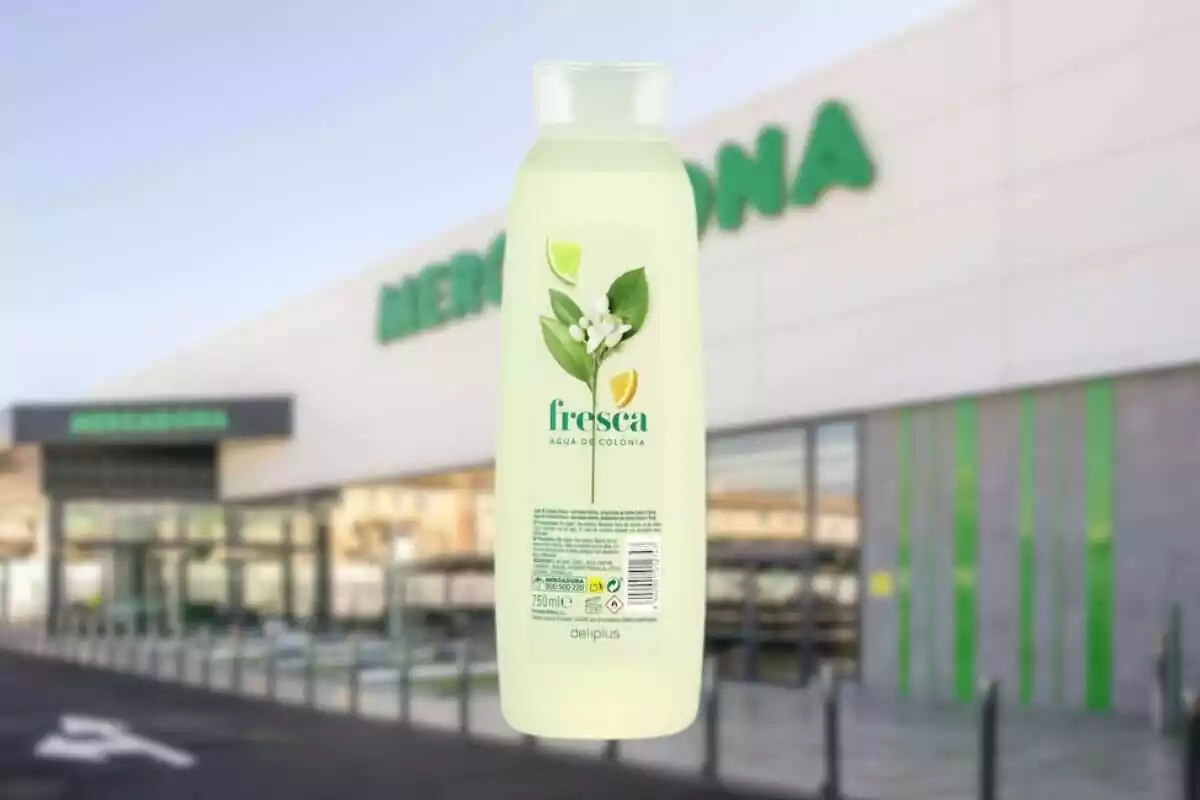 Foto de una fachada de Mercadona en borroso y en primer término superpuesta una botella de Agua de colonia Fresca de la marca Deliplus Foto de una fachada de Mercadona en borroso y en primer término superpuesta una botella de Agua de colonia Fresca de la marca Deliplus