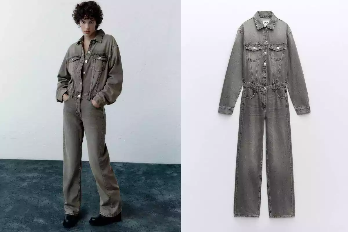 Fotomontaje de modelo de Zara con mono denim TRF en gris y a la derecha mono de tienda online