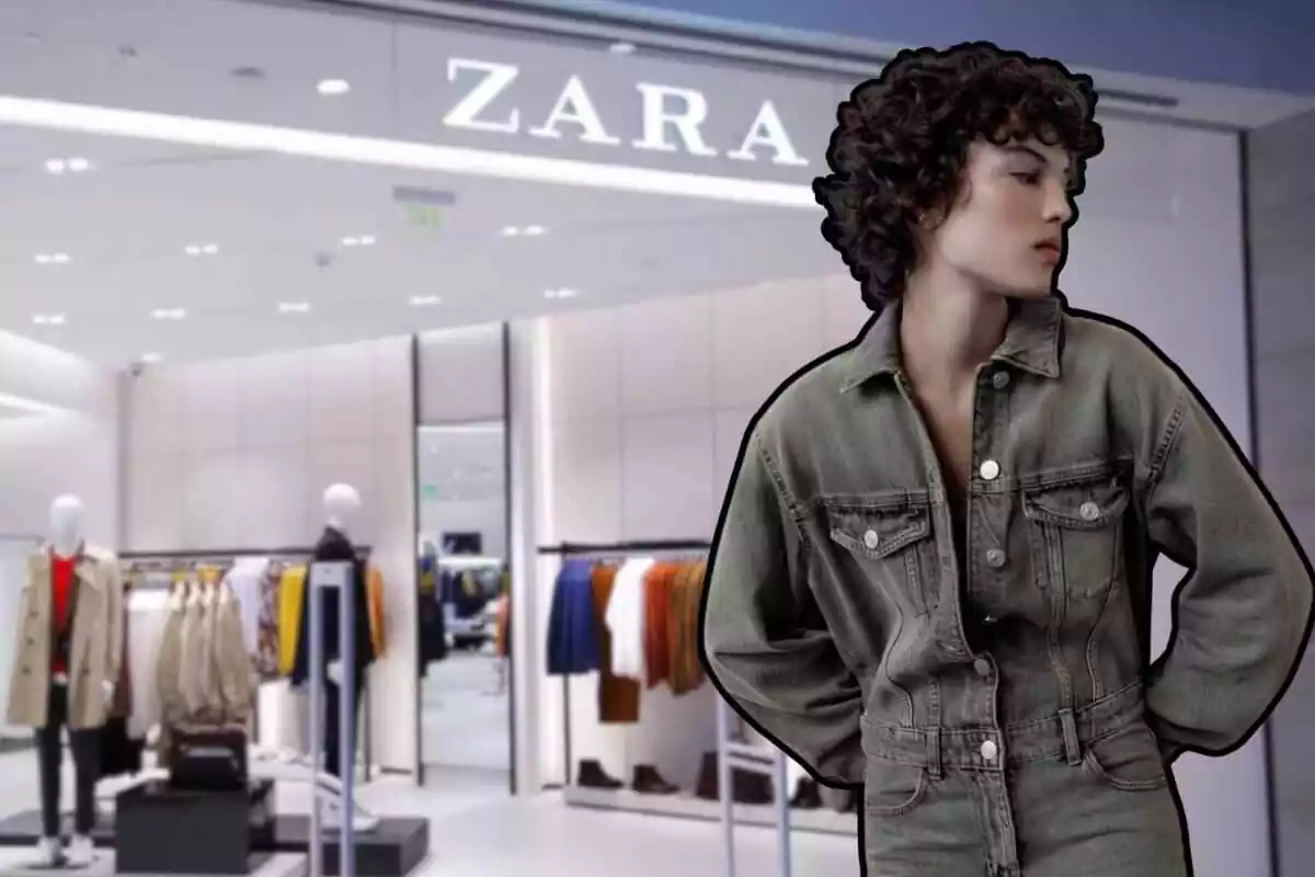 mujer con un mono vaquero y una tienda de Zara de fondo