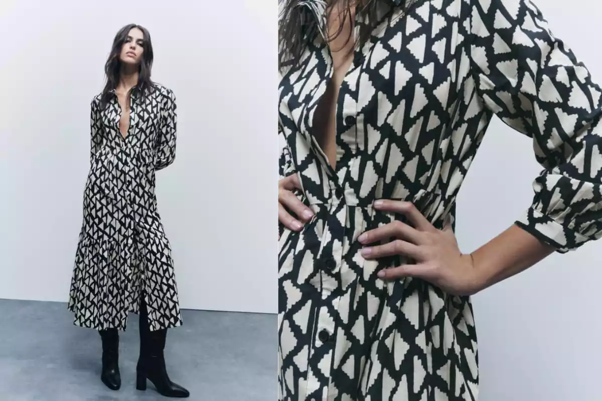 Fotomontaje de vestido estampado de Zara. Izquierda modelo de Zara con vestido estampado geométrico y a la derecha detalle del vestido Fotomontaje de vestido estampado de Zara. Izquierda modelo de Zara con vestido estampado geométrico y a la derecha detalle del vestido