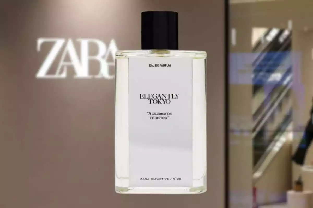 Botella de perfume Zara en primer término, tienda (borrosa) detrás Botella de perfume Zara en primer término, tienda (borrosa) detrás