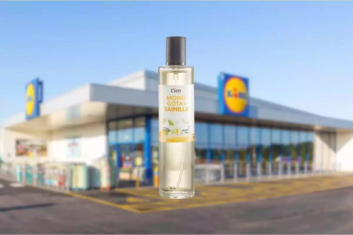 Foto de una fachada de Lidl desenfocada y delante foto de un perfume Monogotas Vainilla de Lidl Foto de una fachada de Lidl desenfocada y delante foto de un perfume Monogotas Vainilla de Lidl