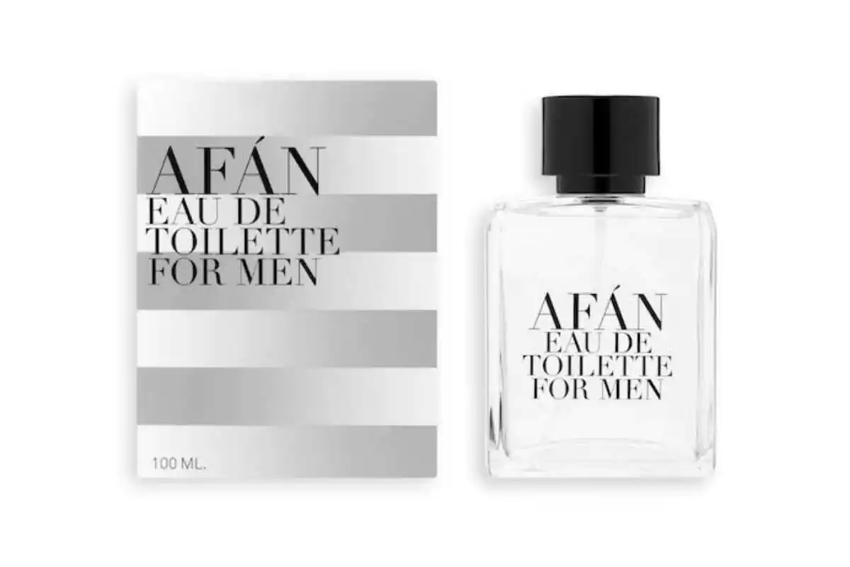 Foto perfume Mercadona Afán con botella transparente y letras en negro con caja en gris y letras en negro Foto perfume Mercadona Afán con botella transparente y letras en negro con caja en gris y letras en negro