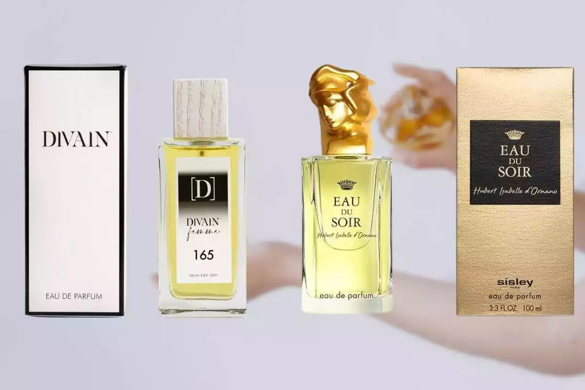 Fotomontaje de una foto de una mano de mujer que sostiene un perfume y perfuma la muñeca del otro brazo y que está desenfocada y por delante se ve el perfume Divain-165 a la izquierda con caja y al lado botella y a la derecha, el perfume Eau Du Soir de Sisley con frasco y caja