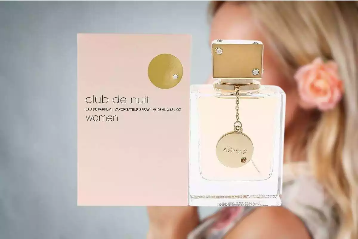 Fotomontaje de una mujer de fondo desenfocada que huele un perfume y delante una foto del perfume Club de nuit de Armaf Fotomontaje de una mujer de fondo desenfocada que huele un perfume y delante una foto del perfume Club de nuit de Armaf