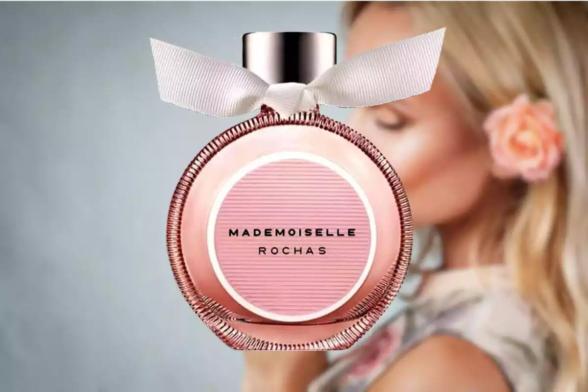 Fotomontaje con una mujer de fondo desenfocada que huele perfume y delante tapando, una foto del perfume Mademoiselle de Rochas Fotomontaje con una mujer de fondo desenfocada que huele perfume y delante tapando, una foto del perfume Mademoiselle de Rochas