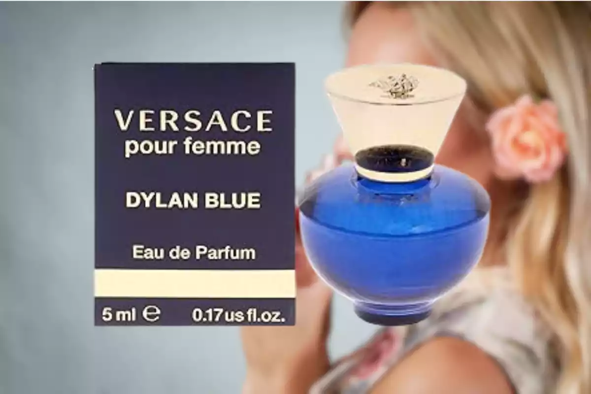 Fotomontaje con una foto de una mujer desenfocada que huele perfume y delante foto del perfume Dylan Blue de Versace Fotomontaje con una foto de una mujer desenfocada que huele perfume y delante foto del perfume Dylan Blue de Versace