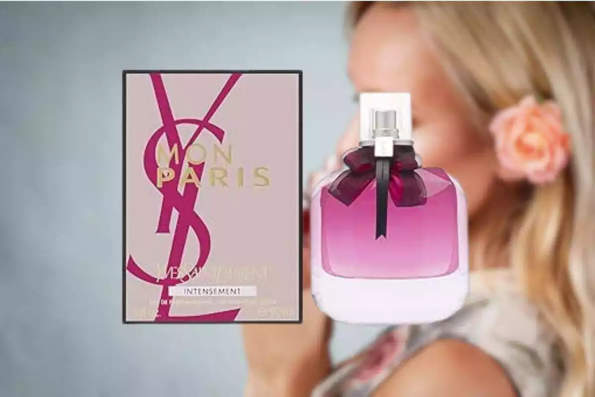 Fotomontaje con foto de una mujer de fondo desenfocada que huele perfume y delante tapando, foto del perfume con su caja Mon Paris de Yves Saint Laurent Fotomontaje con foto de una mujer de fondo desenfocada que huele perfume y delante tapando, foto del perfume con su caja Mon Paris de Yves Saint Laurent