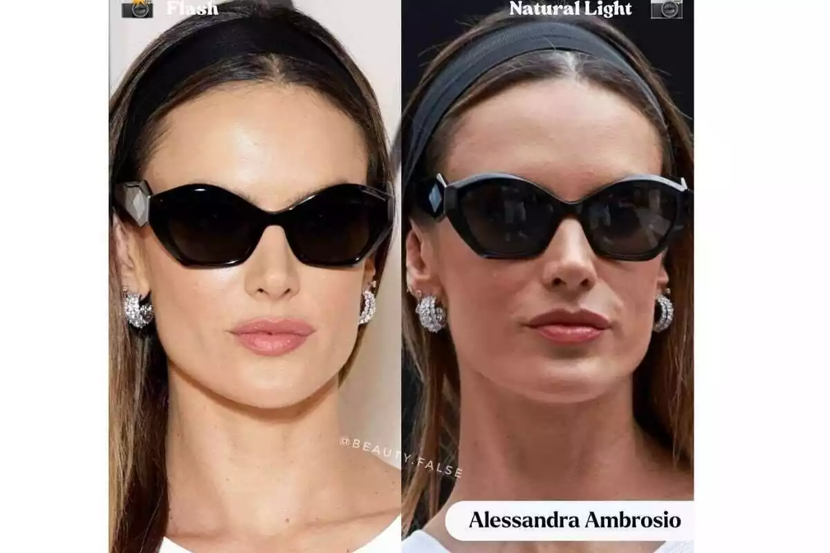Foto comparativa de la modelo Alessandra Ambrosio con flash y sin flash. Ella lleva gafas de sol y cinta negra en el pelo Foto comparativa de la modelo Alessandra Ambrosio con flash y sin flash. Ella lleva gafas de sol y cinta negra en el pelo