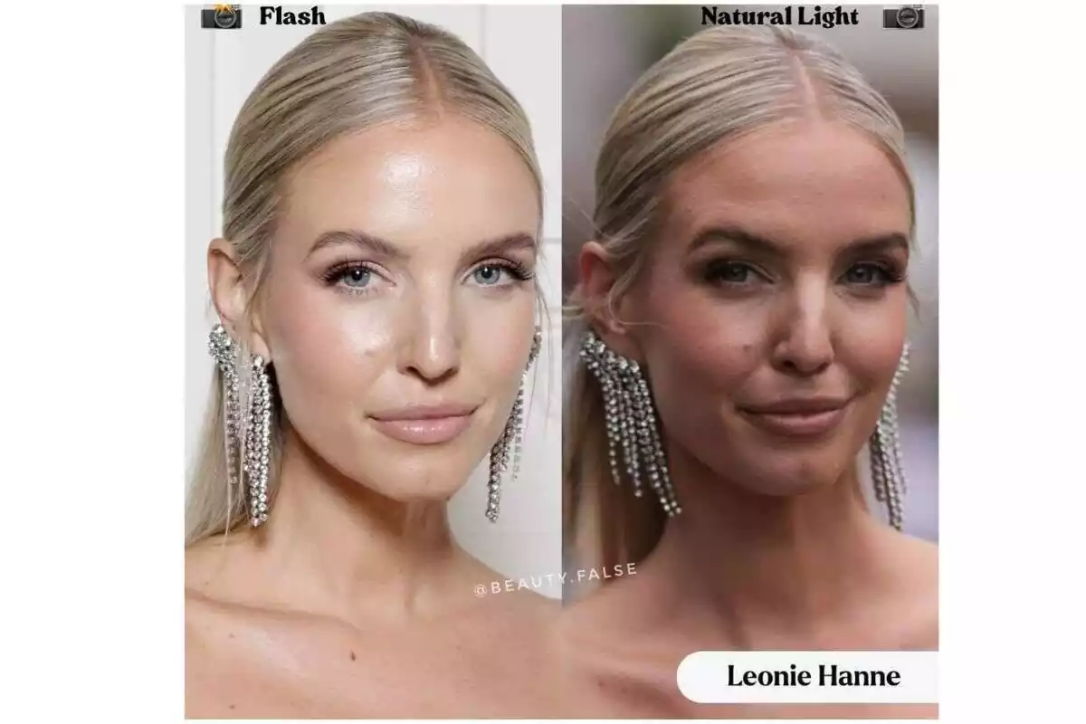 Foto comparativa de Leonnie Hanne con flash y sin flash con raya en medio y pendientes largos Foto comparativa de Leonnie Hanne con flash y sin flash con raya en medio y pendientes largos