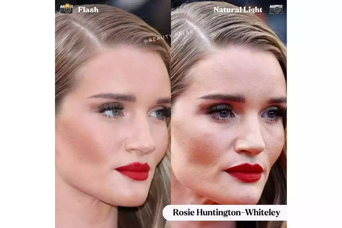 Foto comparativa con flash y sin flash de Rosie Huntington-Whiteley que lleva carmín de labios rojo Foto comparativa con flash y sin flash de Rosie Huntington-Whiteley que lleva carmín de labios rojo