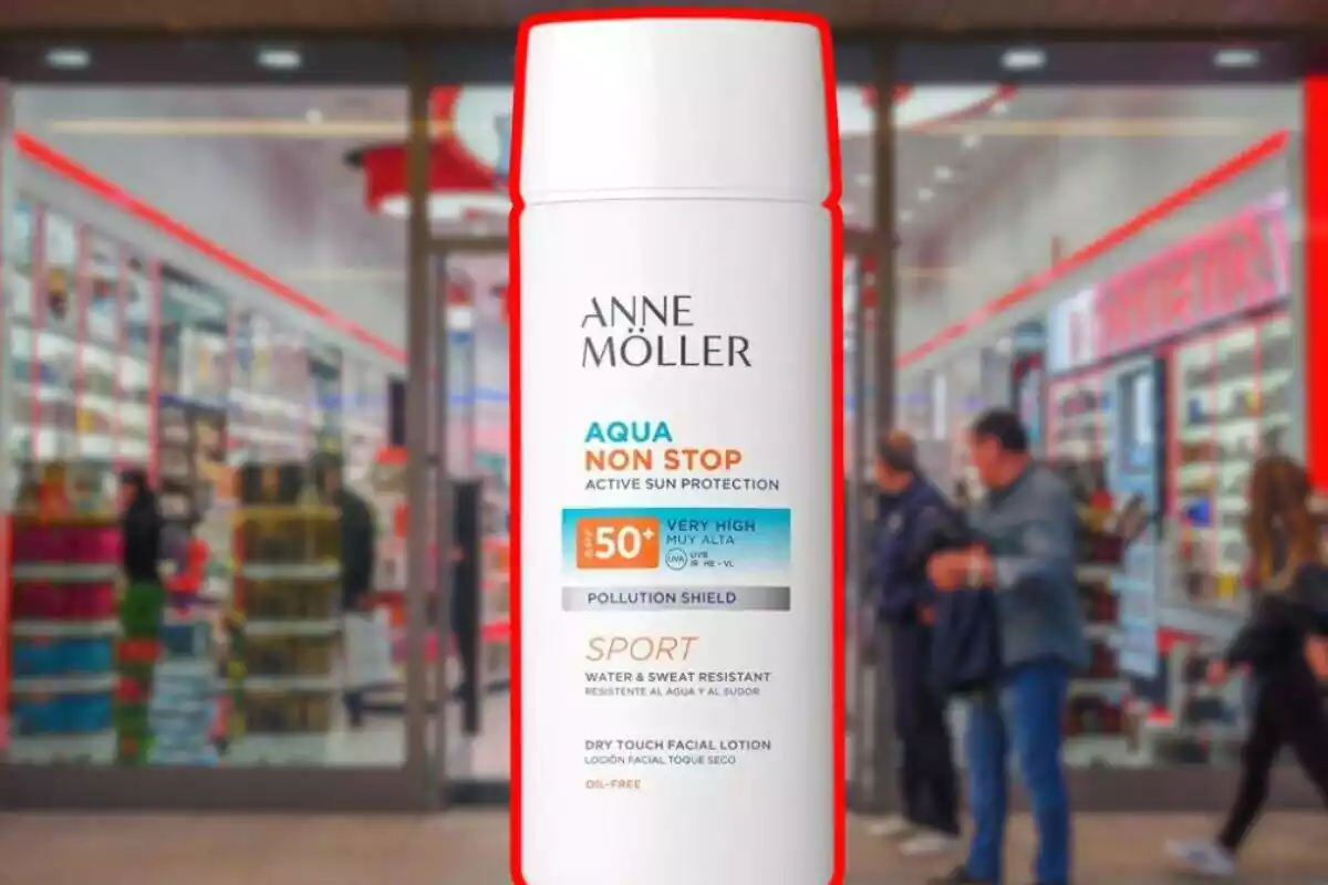 Foto fachada primor desenfocada. Delante, crema Sun Non Stop Aqua SPF50 de Anne Möller con contorno rojo