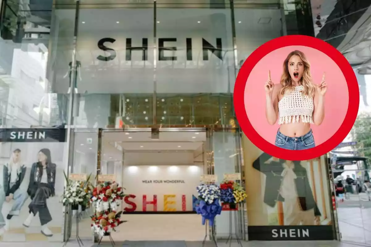 Foto de tienda de Shein en japón con cristales grandes y círculo rojo a la derecha con mujer en el interior con cara de sorpresa