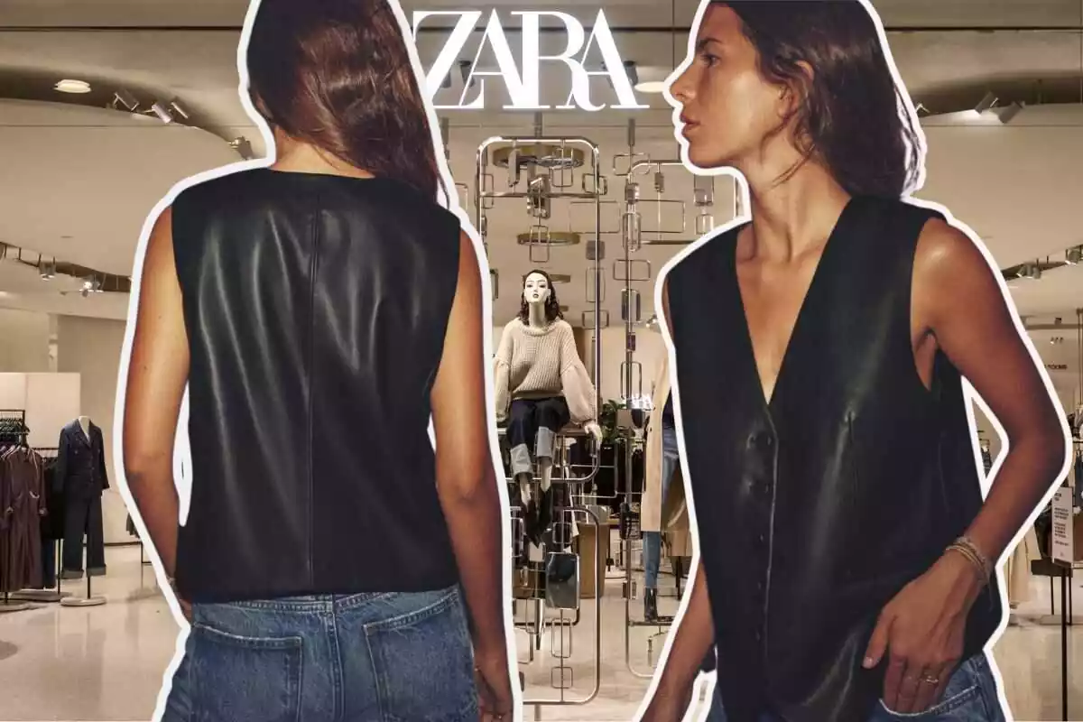 chica con un chaleco negro y vaqueros, de espaldas y de frente, con una tienda de zara de fondo chica con un chaleco negro y vaqueros, de espaldas y de frente, con una tienda de zara de fondo