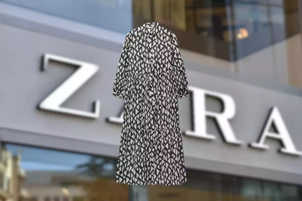 Fotomontaje de una fachada de Zara desenfocada y delante vestido estampado Fotomontaje de una fachada de Zara desenfocada y delante vestido estampado