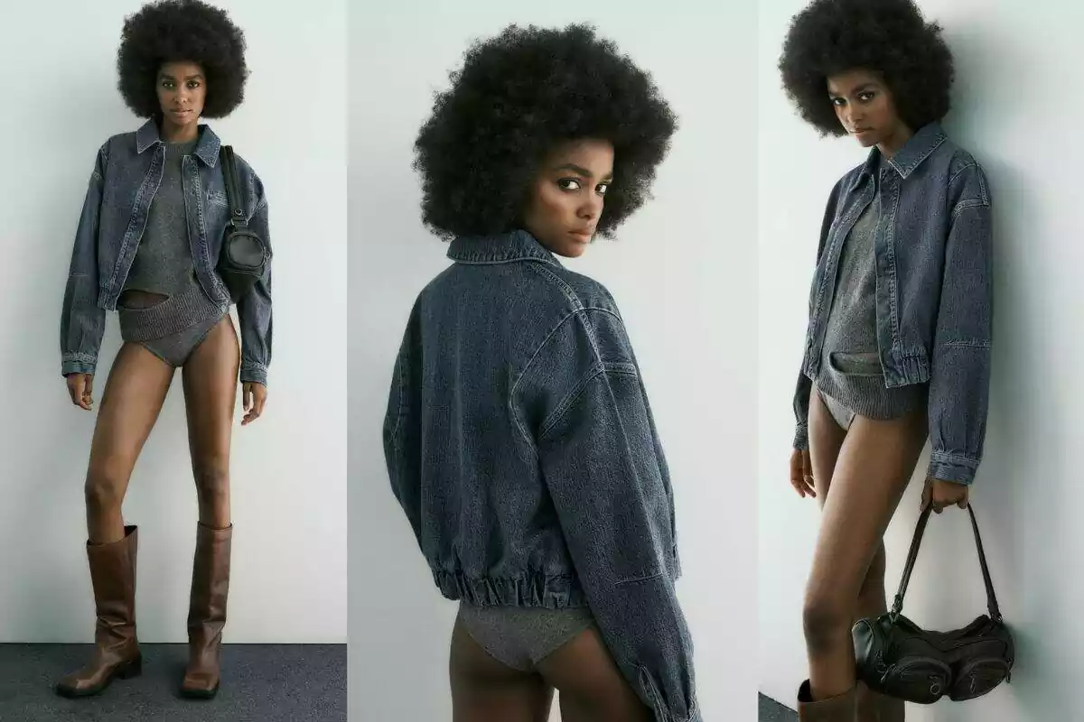Fotomontaje de tres fotos de modelo Zara con chaqueta bomber denim y body gris y botas de piel marron. Foto de cuerpo entero, de medio cuerpo de espaldas mirando a cámara y apoyada en la pared