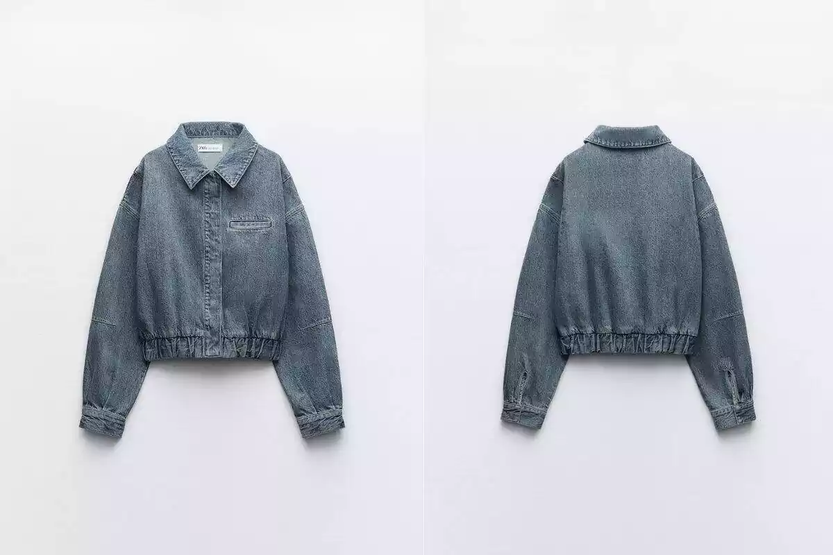 Fotomontaje modelo chaqueta bomber Zara por delante a la izquierda y por detrás a la derecha