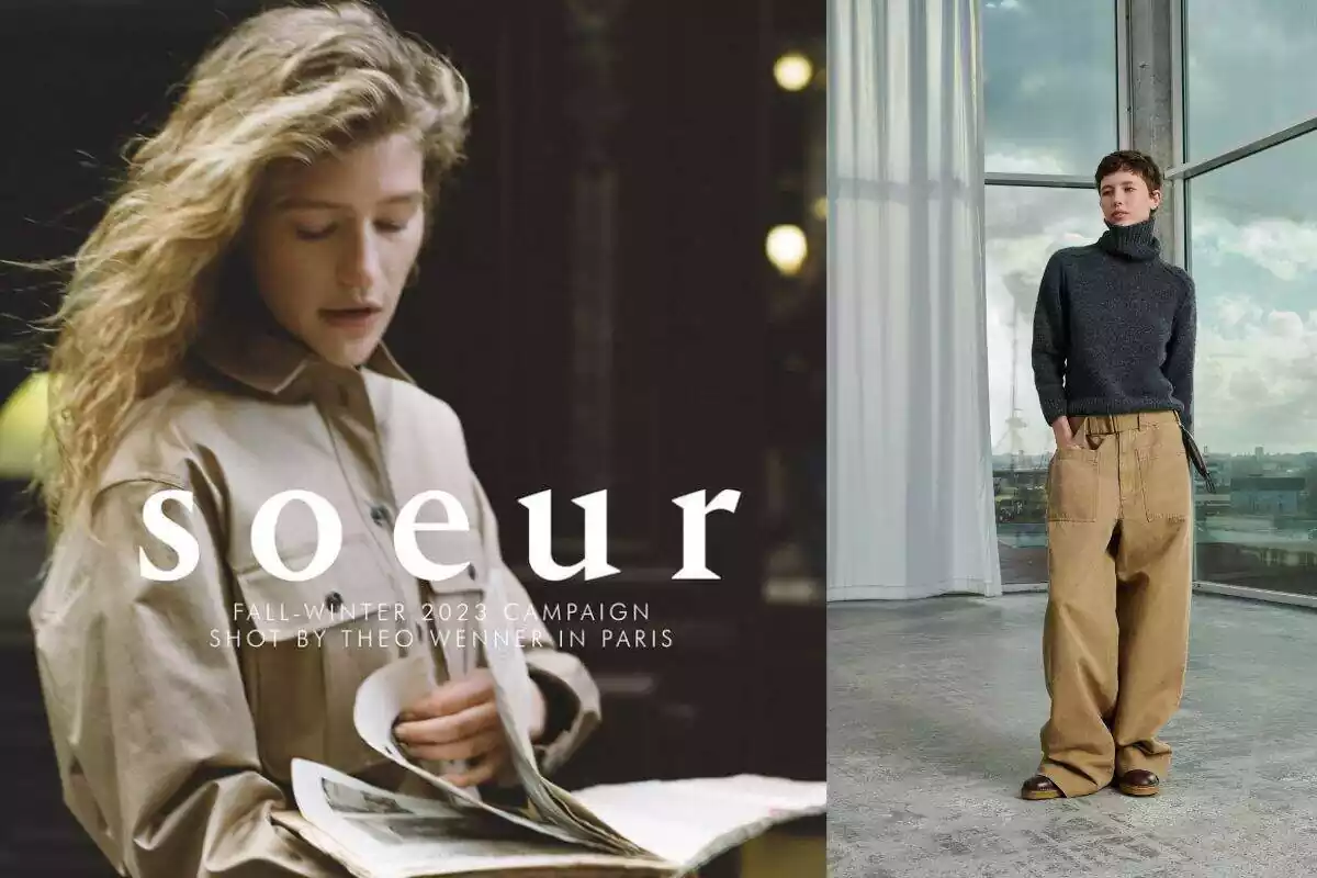 Fotomontaje izquierda modelo Soeur ojea periódico y aparecen las letras de la firma y las de su campaña de otoño invierno 2023 y a la derecha modelo de Soeur con pelo corto lleva jersey de cuello vuelto y pantalón ancho y de fondo unas grandes ventanas con cortina blanca