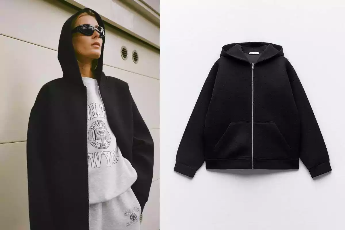 Foto modelo Zara con gafas vestida con chaqueta bomber y chándal a la derecha cazadora bomber de Zara