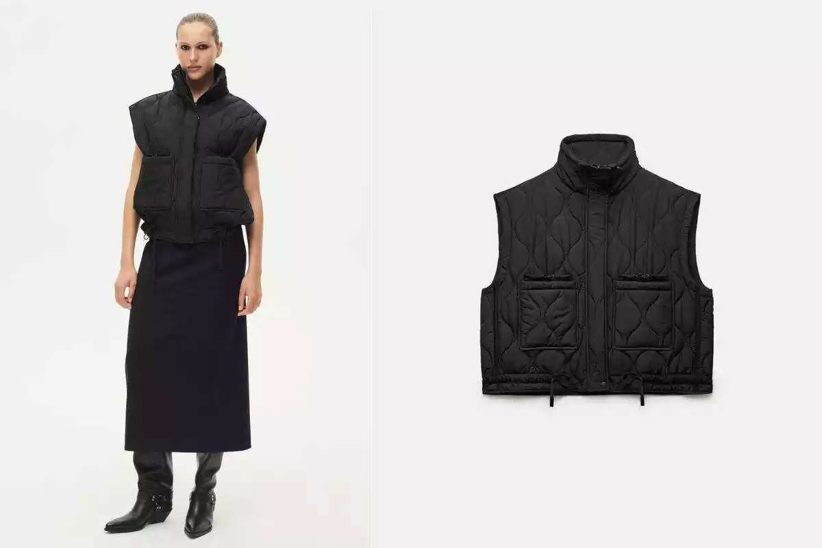 Foto modelo de Zara con chaleco acolchado falda negra y botas. A la derecha chaleco acolchado negro