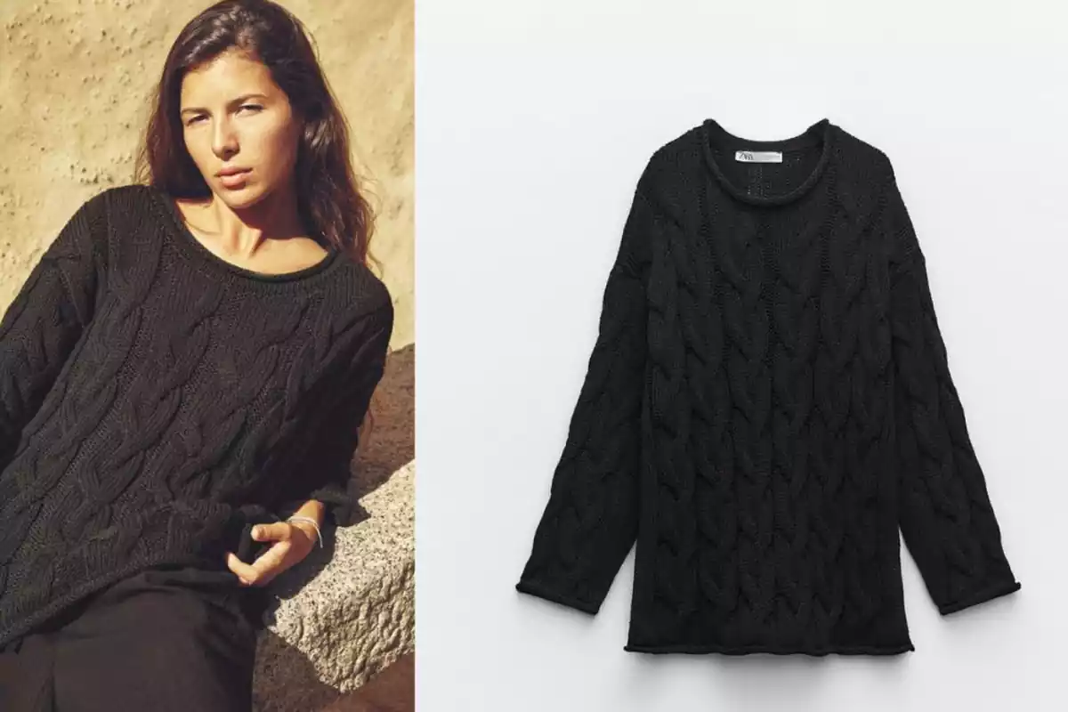Foto cortada modelo Zara con jersey de ochos marrón. A la derecha jersey con ochos de Zara